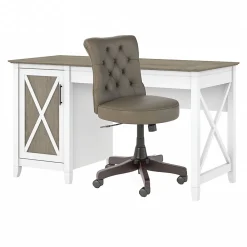 Office Desks*Bush Furniture Key West 54"W Computer Desk with Storage and Mid-Back Tufted Office Chair, Shiplap Gray/Pure White (KWS020G2W)