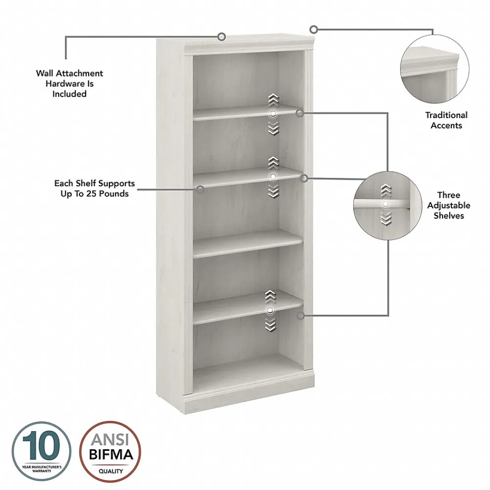 Bookcases*Bush Furniture Saratoga 72"H 5-Shelf Bookcase with Adjustable Shelves, Linen White Oak Laminate (W1645C-03)
