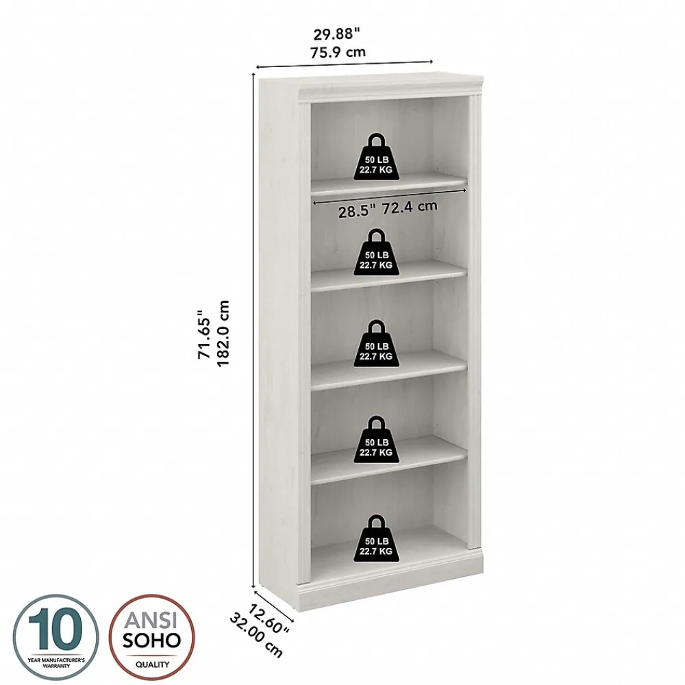 Bookcases*Bush Furniture Saratoga 72"H 5-Shelf Bookcase with Adjustable Shelves, Linen White Oak Laminate (W1645C-03)