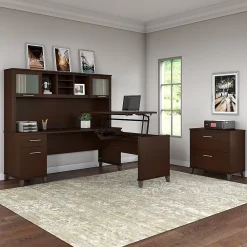 L-Desks*Bush Furniture Somerset 72"W 3 Position Sit to Stand L Shaped Desk with Hutch and File Cabinet, (SET016MR) Mocha Cherry