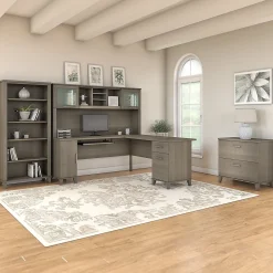 L-Desks*Bush Furniture Somerset 72"W L Shaped Desk with Hutch, Lateral File Cabinet and Bookcase, (SET012AG) Ash Gray