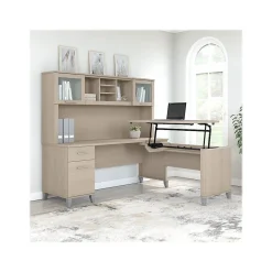L-Desks*Bush Furniture Somerset 72"W 3 Position Sit to Stand L Shaped Desk with Hutch, (SET015SO) Sand Oak