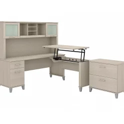 L-Desks*Bush Furniture Somerset 72"W 3 Position Sit to Stand L Shaped Desk with Hutch and File Cabinet, (SET016SO) Sand Oak