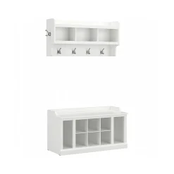 Storage Cabinets*Bush Furniture Woodland 40W Shoe Storage Bench with Shelves and Wall Mounted Coat Rack, White Ash (WDL004WAS)