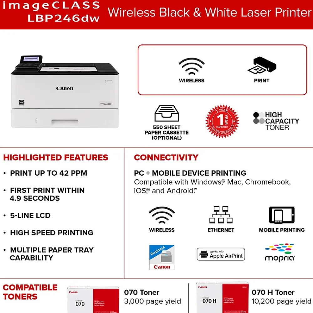 Canon imageCLASS LBP246dw Laser Printer, Single-Function, Print (5952C005)