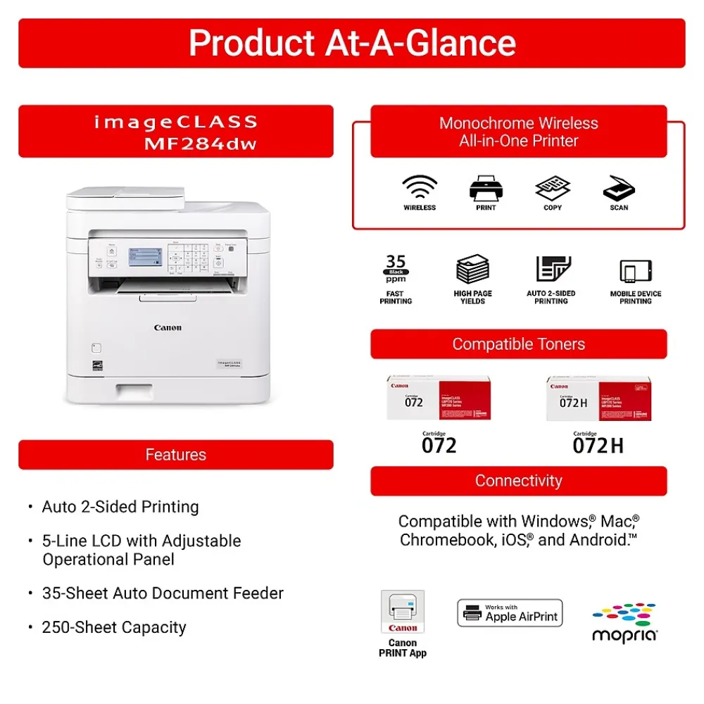 Canon imageCLASS MF284dw Wireless Black & White Laser Printer, All-In-One, Print, Scan, Copy (6354C019)