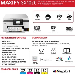 Canon MAXIFY GX1020 Wireless Color Inkjet Printer, All-In-One Supertank, Print, Scan, Copy (GX1020)