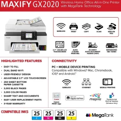 Canon MAXIFY GX2020 Wireless Color Inkjet Printer, All-In-One, Print, Scan, Copy, Fax (GX2020)