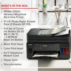 Canon MegaTank PIXMA G7020 Wireless Color Inkjet Printer, All-In-One Supertank, Print, Scan, Copy, Fax (3114C002)