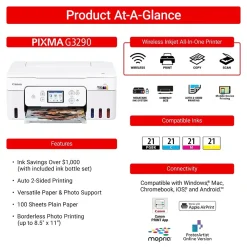 Canon PIXMA G3290 Wireless Color Inkjet Printer, All-In-One Supertank, Print, Scan, Copy (6706C002)