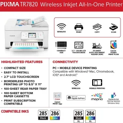 Canon PIXMA TR7820 Inkjet Printer, All-in-One, Print, Scan, Copy (6258C002)