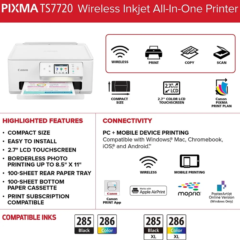 Canon PIXMA TS7720 Wireless Color Inkjet Printer, All-In-One, Print, Scan, Copy (TS7720)