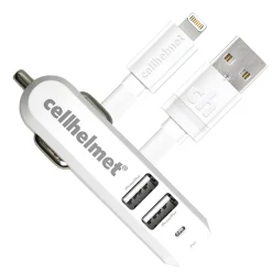 cellhelmet 4.8-Amp 3-Port USB Car Charger with USB-A to Lightning Flat Cable, 3 Feet (CAR-4.8/3-B+F-LIGHT-3-W)