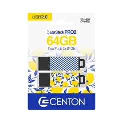 Clearance Centon DataStick Pro 2 64GB USB 2.0 Type-A Flash Drives, Abstract Blue/Lemon Sweet, 2/Pack (C1-U3T066-64G-2)