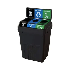 FlexE Plastic Three-Stream Recycling Station, 50 Gallon, Black (FX50B-BK3-R-BE-W-BK-C-GN)<CleanRiver