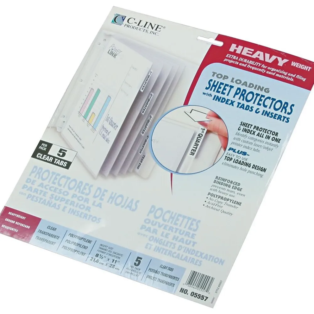 Sheet Protectors|C-Line Top Load Sheet Protector, Standard Weight, 11" x 8-1/2", Clear, 5 Tab Set (5557)