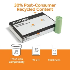 ™ 60 Gallon Trash Bag with 30% PCR, 38" x 58", Low Density, 0.8 mil, Green, 100 Bags/Box (CW62423)<Coastwide Professional Clearance