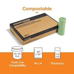 ™ 55-60 Gallon Compostable Bag, 38" x 58", Low Density, 0.9 Mil, Green, 100 Bags/Box (CW62401)<Coastwide Professional Sale
