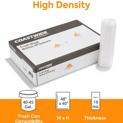 ™ 40-45 Gallon Trash Bag, 40" x 48", High Density, 16 mic, Natural, 250 Bags/Box (CW18204)<Coastwide Professional New