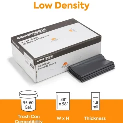 ™ 55-60 Gallon Trash Bag, 38" x 58", Low Density, 1.8 mil, Black, 100 Bags/Box (CW18207)<Coastwide Professional Outlet