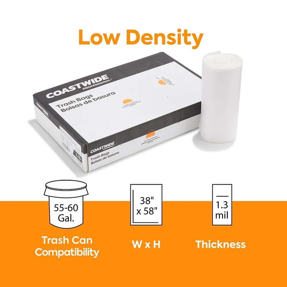 ™ 55-60 Gallon Trash Bag, 38" x 58", Low Density, 1.3 mil, Clear, 100 Bags/Box (CW25528)<Coastwide Professional