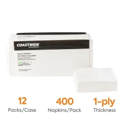 Coastwide Professional ™ Recycled Napkin, 1-Ply, White, 400/Pack, 12 Pack/Carton (CW20179)
