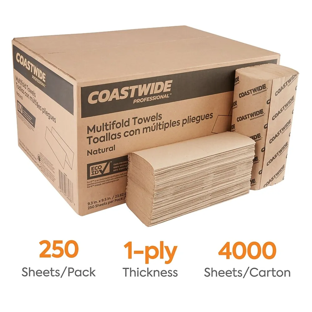 Coastwide Professional ™ Recycled Multifold Paper Towels, 1-ply, 250 Sheets/Pack, 16 Packs/Carton (CW25228)