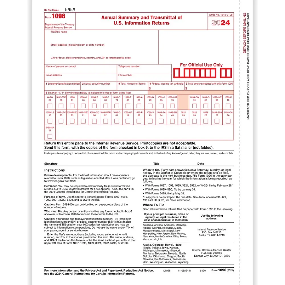 Tax Forms*ComplyRight 2024 1096 Tax Form, 1-Part, Transmittal, 10/Pack (510010)