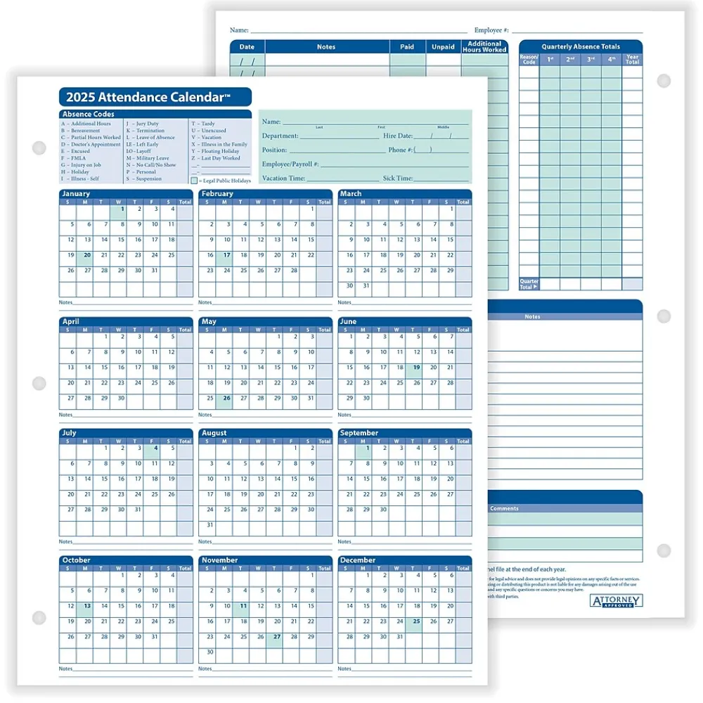 Hr Forms*ComplyRight 2025 Attendance Calendar Set, 100 Forms/Pack (A1411W16PK100)