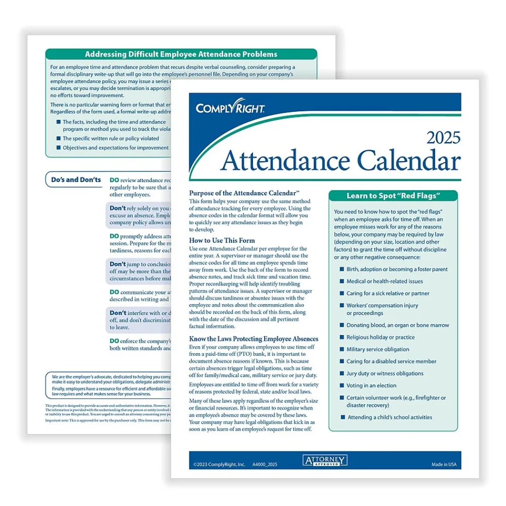 Hr Forms*ComplyRight 2025 Attendance Calendar Set, 100 Forms/Pack (A1411W16PK100)