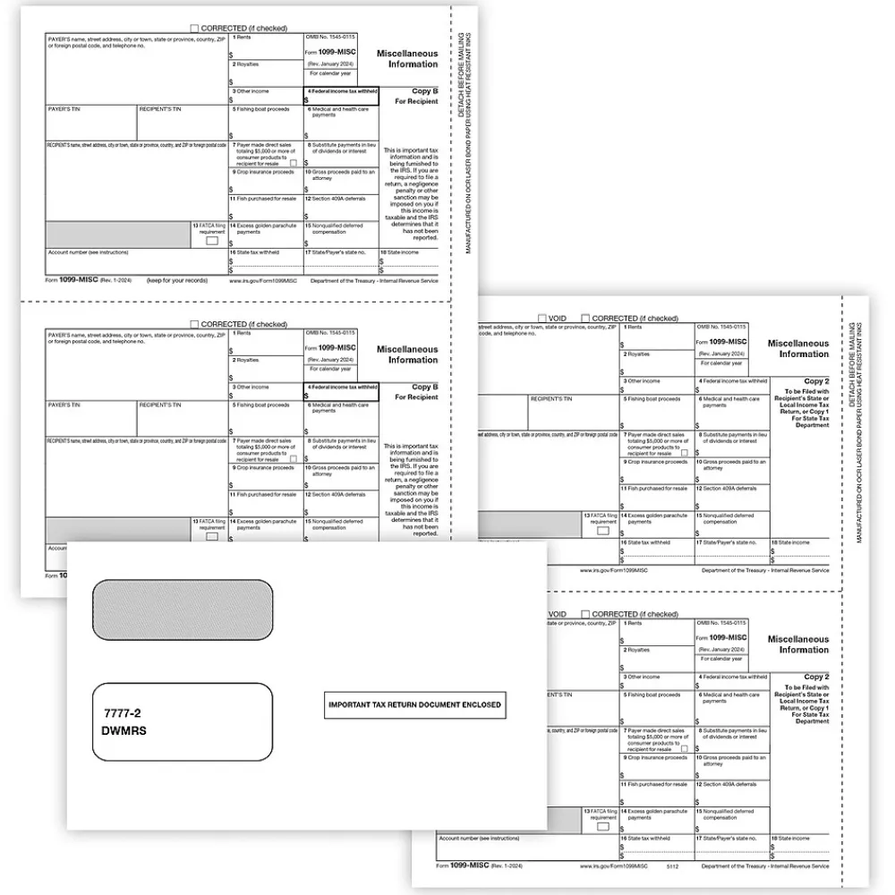 Tax Forms*ComplyRight 2024 1099-MISC Tax Form Envelopes and Recipient Copy Only, 3-Part, 2-Up, Copy B, C/2, 25/Pack (6113E25)