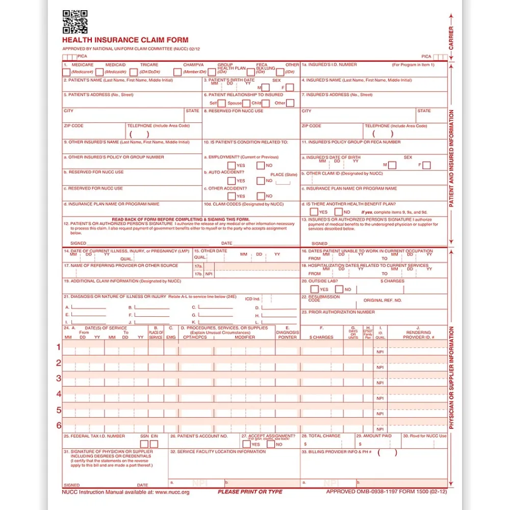 Medical Forms*ComplyRight CMS-1500 Health Insurance Claim Forms (02/12), 8-1/2" x 11", Box of 2,500 (CMS12LC)