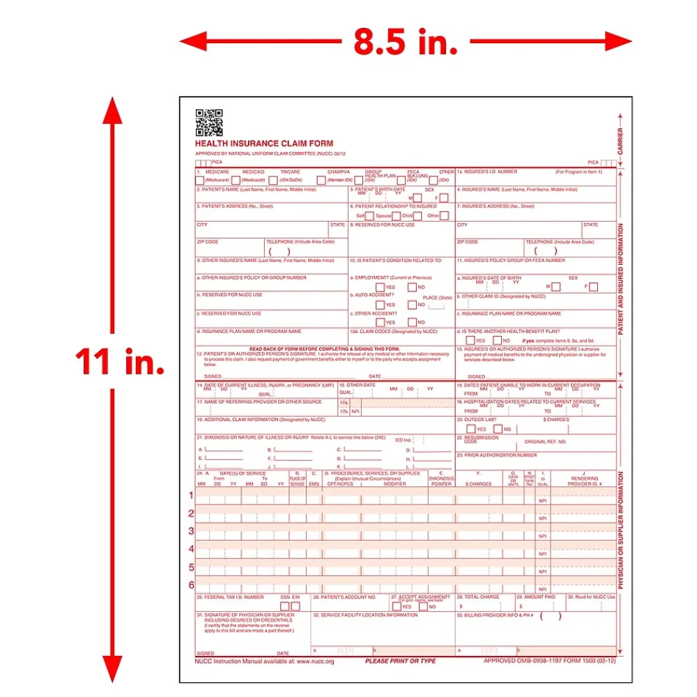 Medical Forms*ComplyRight CMS-1500 Health Insurance Claim Forms (02/12), 8-1/2" x 11", Box of 2,500 (CMS12LC)