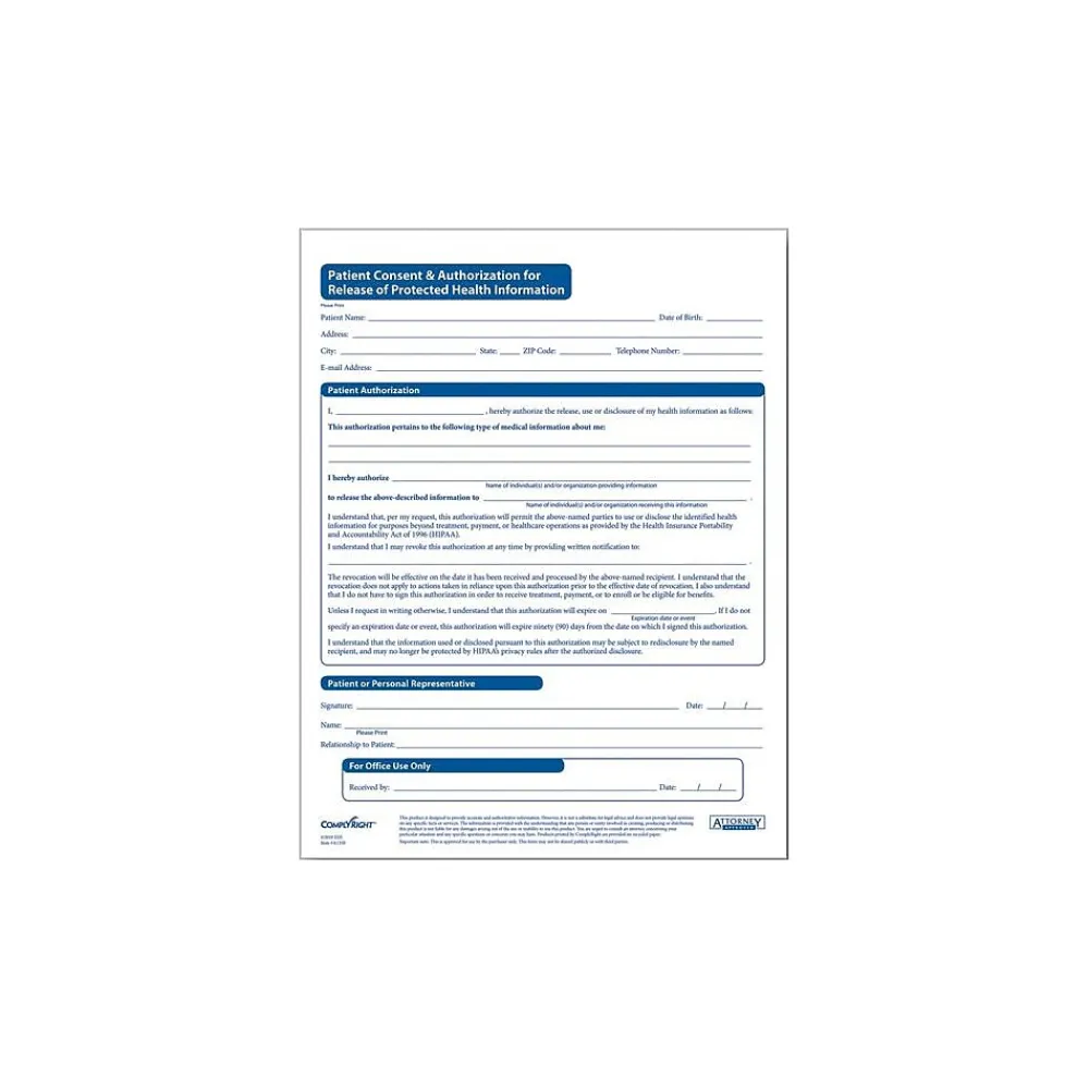 Medical Forms*ComplyRight HIPAA Patient Consent and Authorization Form (A1350)