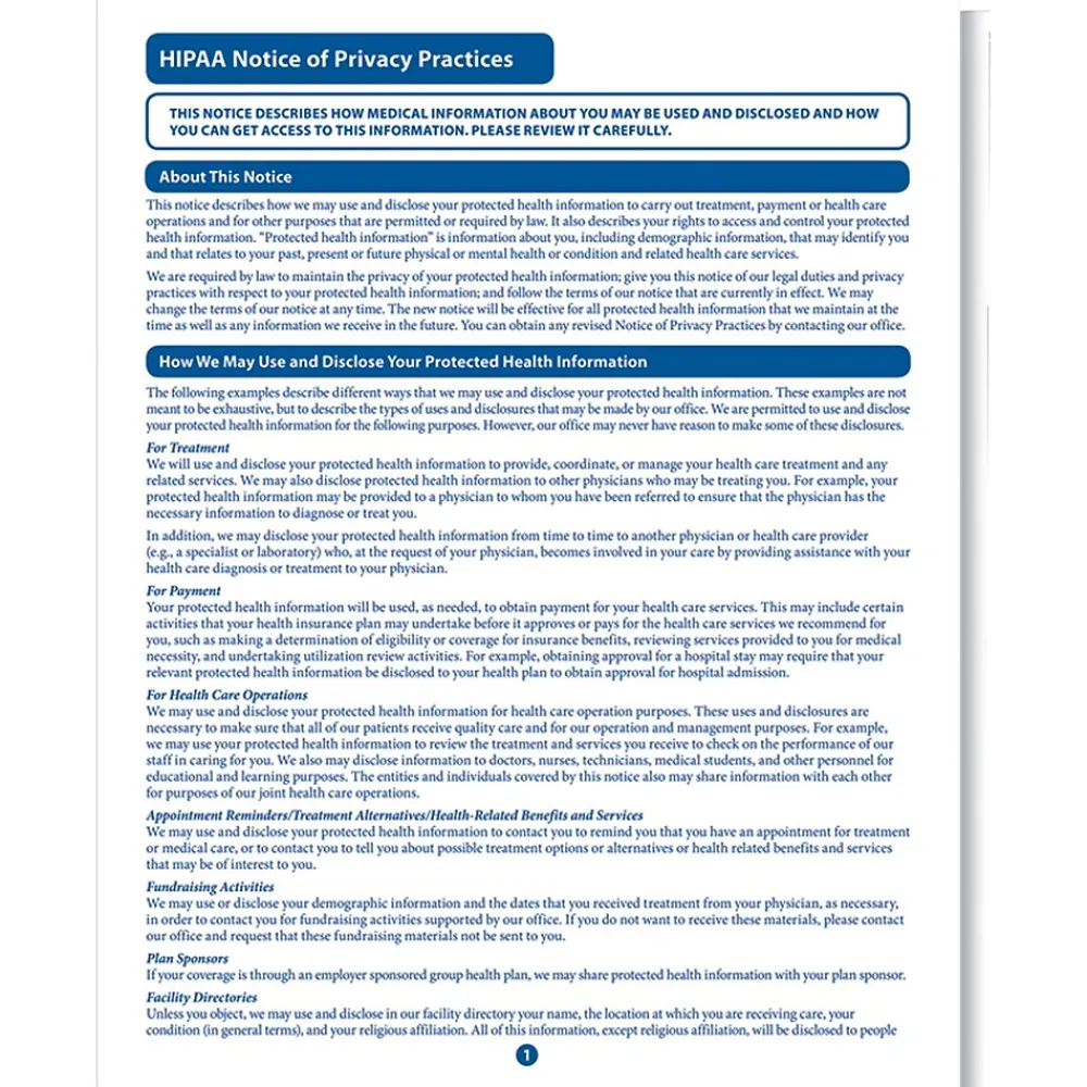 Medical Forms*ComplyRight Notice of Privacy Practice, 100/Pack (A1349)