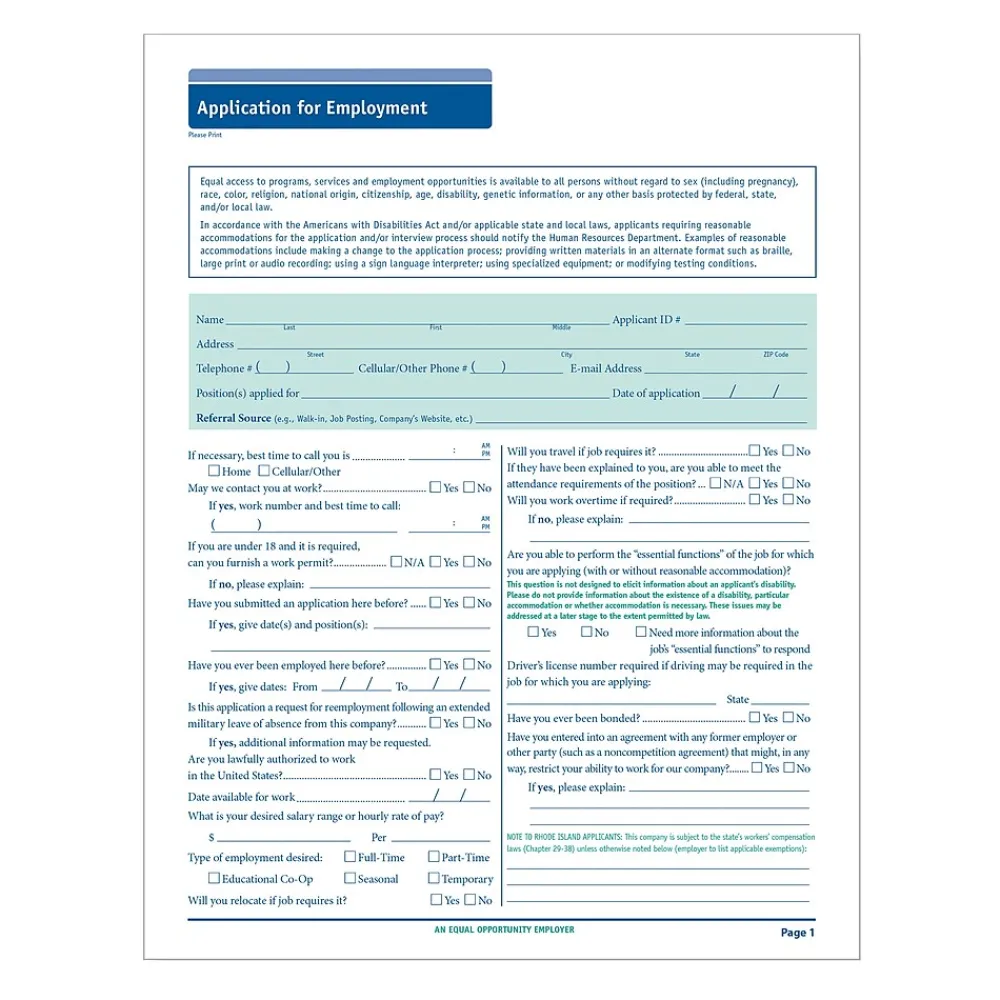 Hr Forms*ComplyRight ™ 50-State Job Application (Long Form), Pack of 50 (A0019)