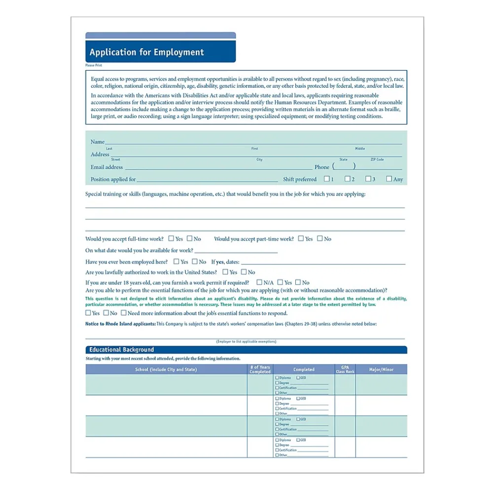 Hr Forms*ComplyRight ™ 50-State Job Application - Short Form, Pack of 50 (AR0374)