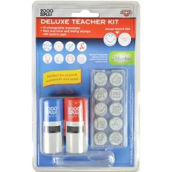 Stamps & Stamp Pads|Consolidated Stamp 2000 Plus Self-Inking Deluxe Teachers Stamp Kit, 10 Changeable 5/8" Dia. Messages, Red/Blue Stamps (063614)