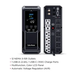 CyberPower Intelligent LCD UPS System, 1500VA/900W, 12 Outlets, 2 USB Ports, AVR, Mini Tower, Black (CP1500AVRLCD3)