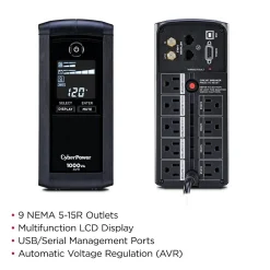 CyberPower Intelligent 1000VA UPS Battery Backup and Surge Protector, 9-Outlets, Black (CP1000AVRLCD)