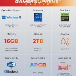 Best CyberPowerPC Gamer Supreme Gaming Desktop Computer, Intel Core i7-14700F, 16GB Memory, 2TB SSD (SLC10000CPGV16)