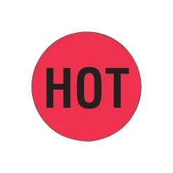 Labels|Decker Tape Products "HOT" Shipping Label, 2" Dia., Red/Black, 500 Labels/Roll, 1/Roll (LABDL1730)