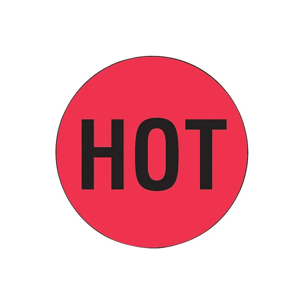 Labels|Decker Tape Products "HOT" Shipping Label, 2" Dia., Red/Black, 500 Labels/Roll, 1/Roll (LABDL1730)