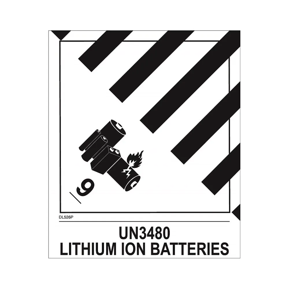 Decker Tape Products UN3480 LITHIUM ION BATTERIES Shipping Label, 4.75" x 4", White/Black, 500 Labels/Roll (DL526P-2)