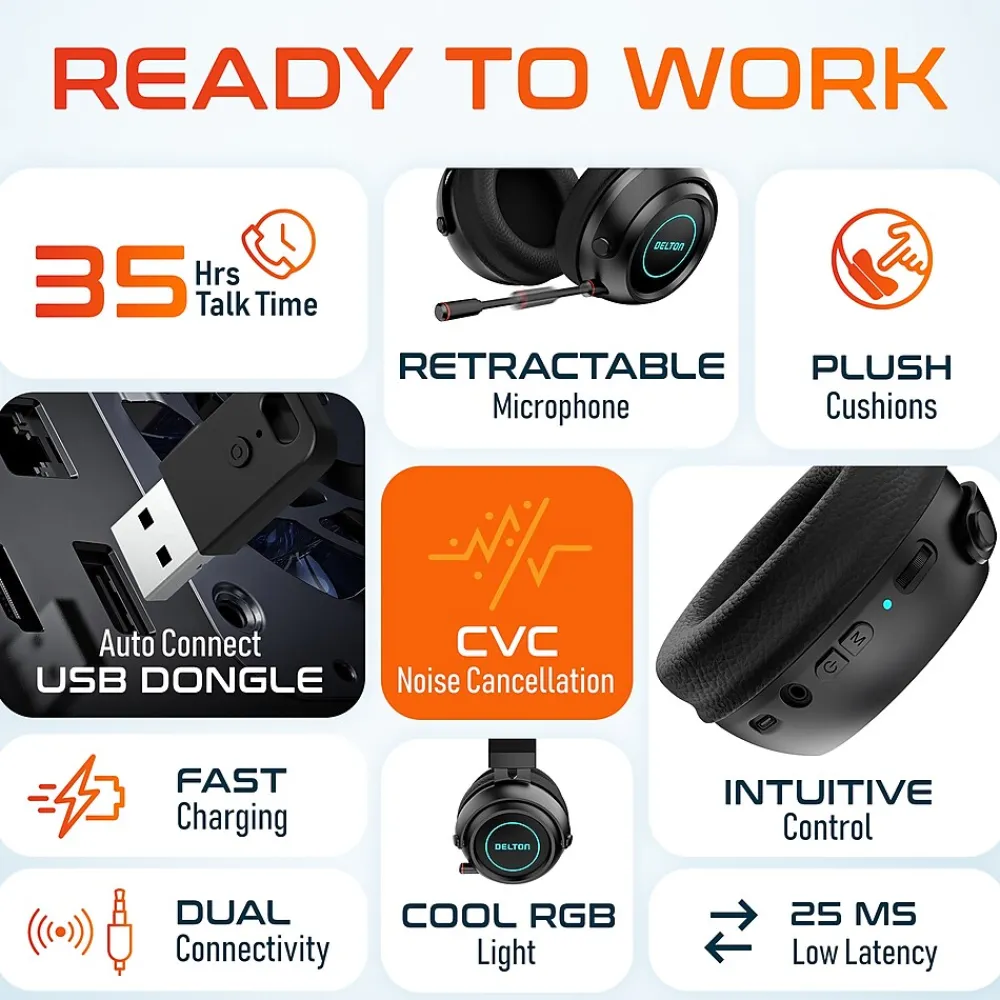 Hot Delton G520 Wireless Noise Canceling Bluetooth Stereo Business/Gaming Over-the-Ear Computer Headset, Black (DBHG520)