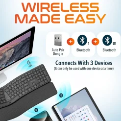 Clearance Delton KB250 Ergonomic Wireless Curved Keyboard with Cushioned Wrist Rest, Black (DKBE250-WR)