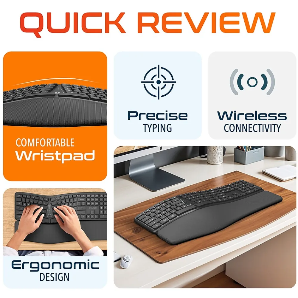 Clearance Delton KB250 Ergonomic Wireless Curved Keyboard with Cushioned Wrist Rest, Black (DKBE250-WR)