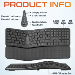 Clearance Delton KB250 Ergonomic Wireless Curved Keyboard with Cushioned Wrist Rest, Black (DKBE250-WR)