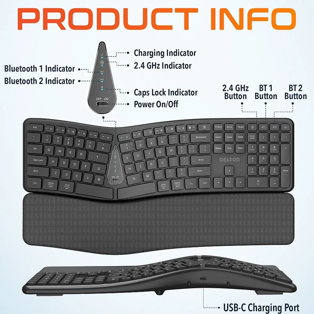 Clearance Delton KB250 Ergonomic Wireless Curved Keyboard with Cushioned Wrist Rest, Black (DKBE250-WR)