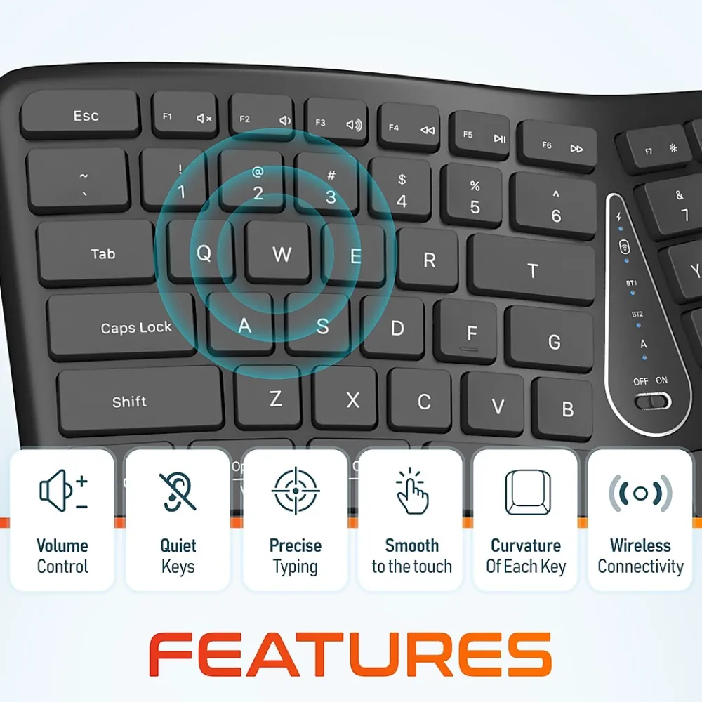 Clearance Delton KB250 Ergonomic Wireless Curved Keyboard with Cushioned Wrist Rest, Black (DKBE250-WR)